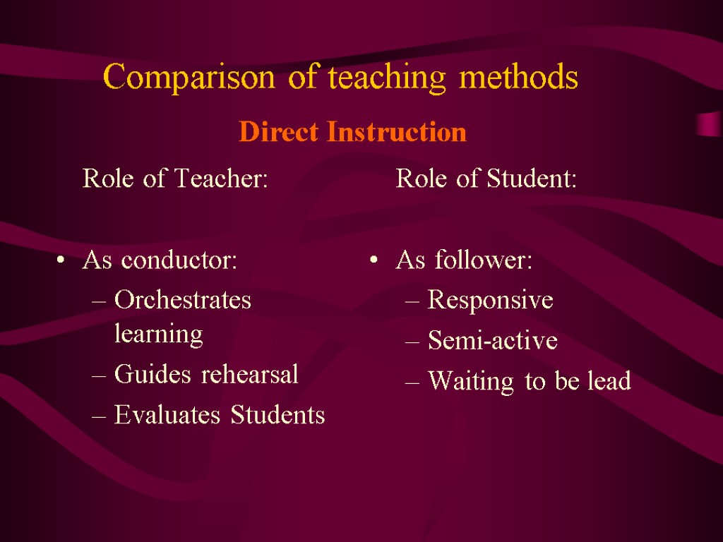 Comparison of teaching methods Role of Teacher: As conductor: Orchestrates learning Guides rehearsal Evaluates